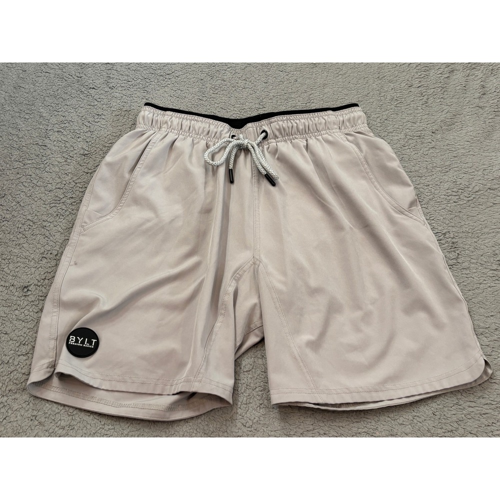 BYLT Premium Basics Mens Active Shorts Tan Khaki Size M Gym Workout Running